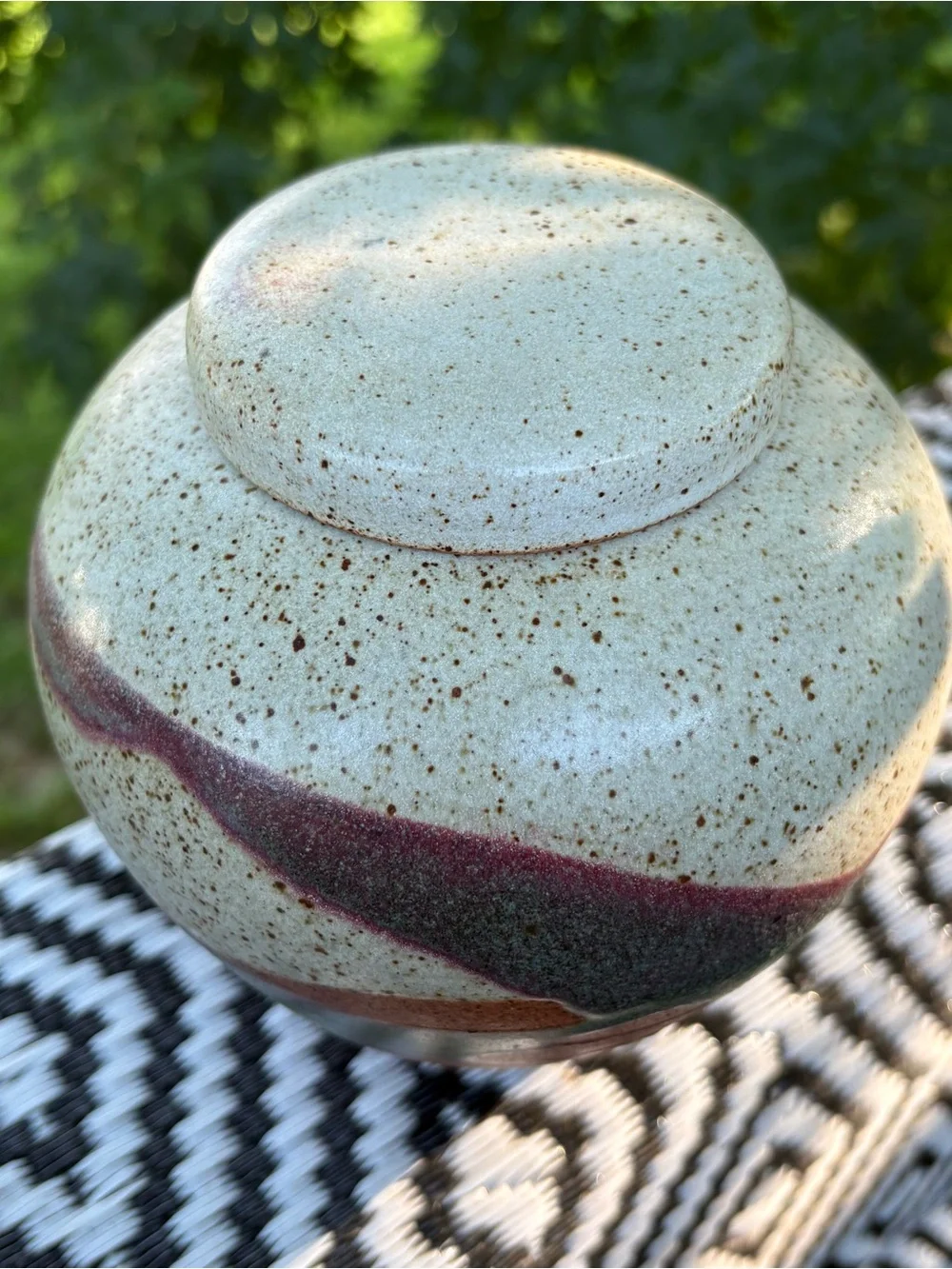Vintage handmade stoneware speckled landscape pottery w lid